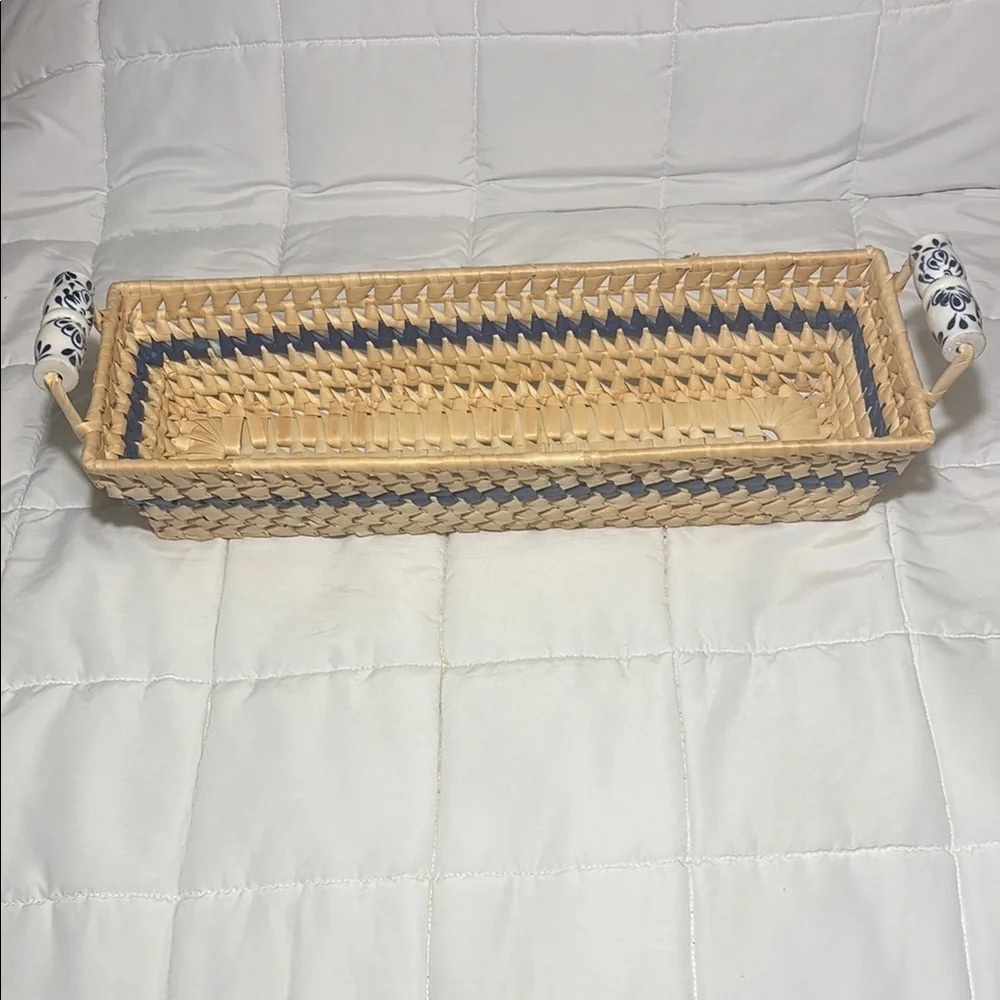 Woven Rectangular Basket with Ceramic Blue and White  Handles